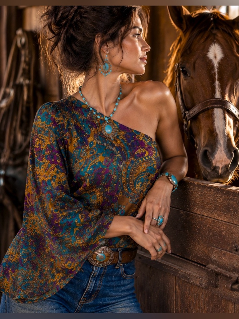 Body Central One-Shoulder Paisley Tunic in Teal, Mustard & Purple